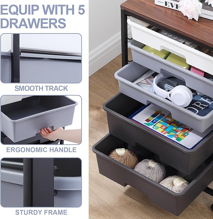 SYKIARIOL Utility Cart with 5 Drawers,Storage Drawer Cart with Wooden Tabletop and Lockable Wheels,Craft Storage Trolley Cart,5-Tier Rolling Utility Cart on Wheels,Dark Grey