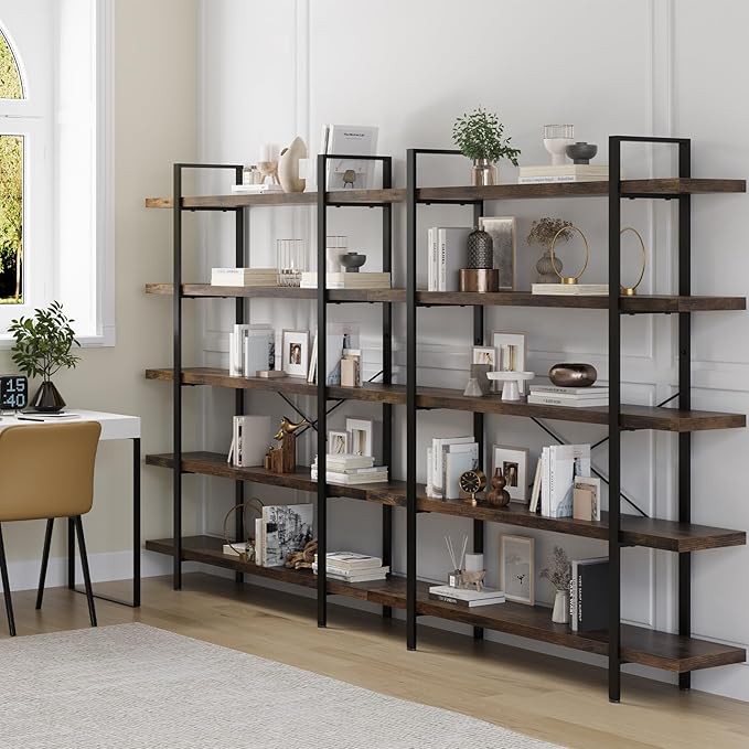 OtterOasis Bookshelf Set of 2, Heavy Duty 5-Tier Industrial Bookcase, 47" Wide Wood Bookshelf for Home Office, 120lbs Shelf Capacity, Rustic Open Display with Horizontal Shelf for Living Room Bedroom