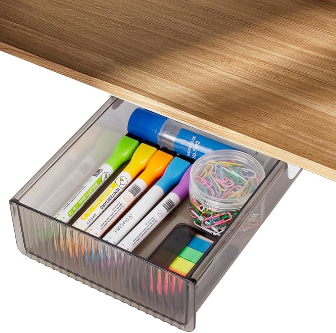 Boxalls Under Desk Storage Drawer, Under Table Slide Out Self-Adhesive Organization, Translucent Black Large