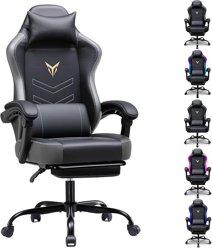 GTPLAYER Gaming Chair, Office Chair High Back Computer Chair with Foot Rest for Adults, Leather Desk Chair Executive Ergonomic Height Adjustable with Headrest and Lumbar Support, 300lbs Grey