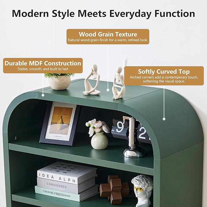 LEVNARY 70" Tall Arched Bookcase, 7-Tier Freestanding Storage Cabinet with Adjustable Shelves, Thick MDF Bookshelf for Bathroom Living Room Bedroom (Green)