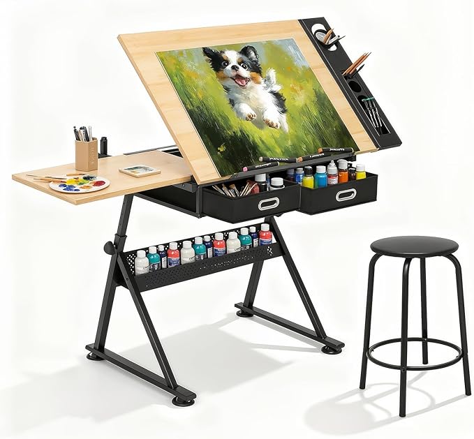Magshion Professional Drafting Table for Adults w/Stool, Tilting Wooden Tabletop & Adjustable Height, Art Craft Desk Watercolor Painting Sketching Work Station for Studio Home Office School (Natural)