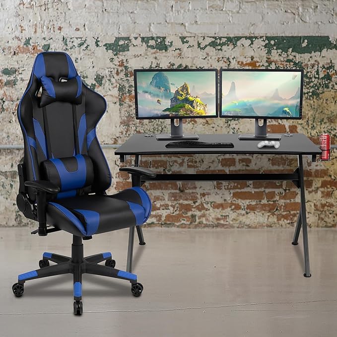 Flash Furniture Black Gaming Desk and Blue/Black Reclining Gaming Chair Set with Cup Holder, Headphone Hook & 2 Wire Management Holes