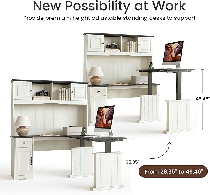 BANTI 60" Adjustable L Shaped Executive Desk with Hutch and Storage Cabinet, Farmhouse Computer Desk with Charging Station, Reversible Home Office Workstation, Antique White