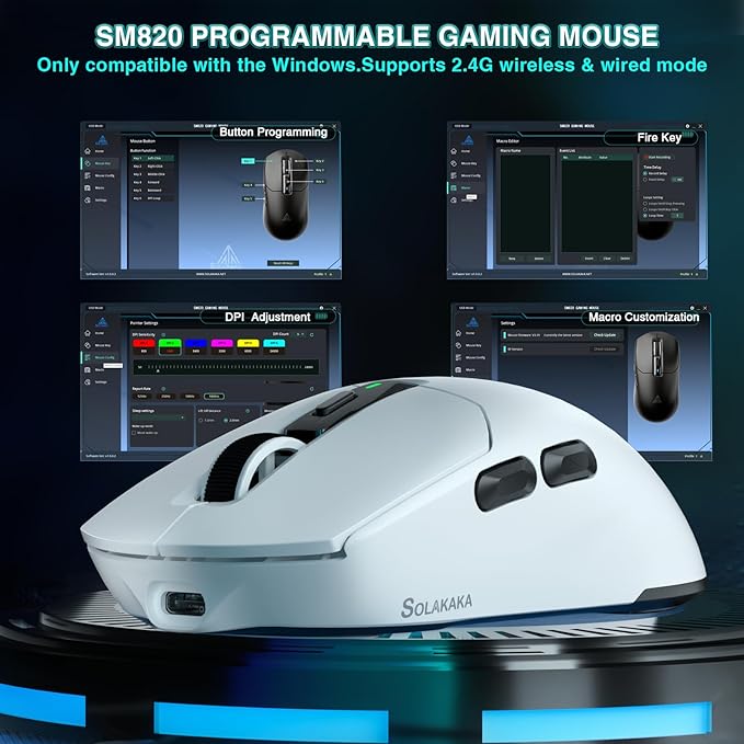 SOLAKAKA SM820 Wireless Gaming Mouse with RGB Charging Dock,24000 DPI Tri-Modes Wireless Mouse with 2 Side Buttons,Programmable Macro Mouse for Gaming(White)
