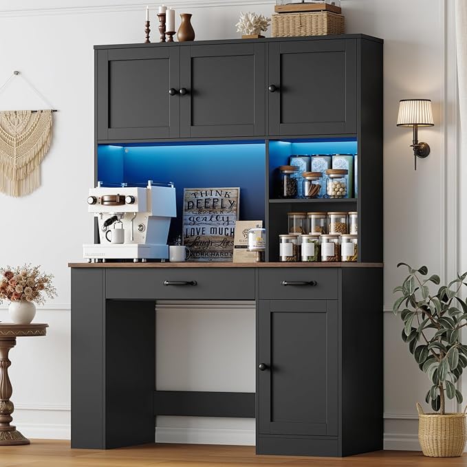 Keyluv 71" Tall Computer Desk with Hutch Cabinet, Home Office Desk with Storage Drawers Shelves and Side Rack, Wood Executive Desk with Doors, Outlet Station and Smart LED Lights, Black