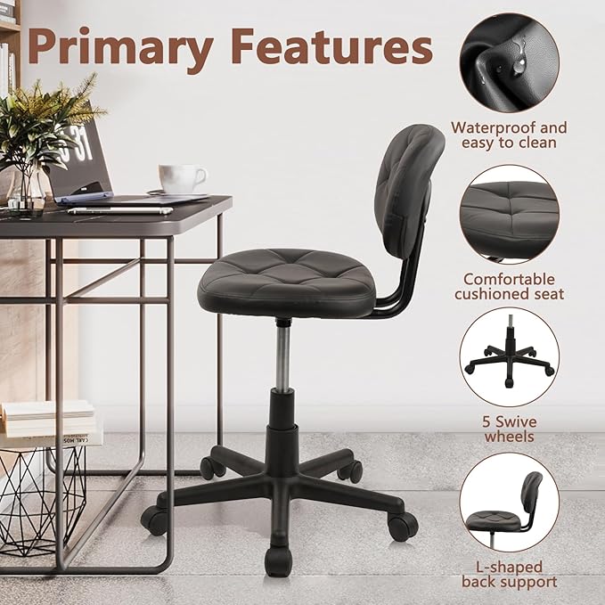 KLASIKA Rolling Stool Chair with PU Leather Backrest and Adjustable Height for Computer Home Standing Desk 2 Pack
