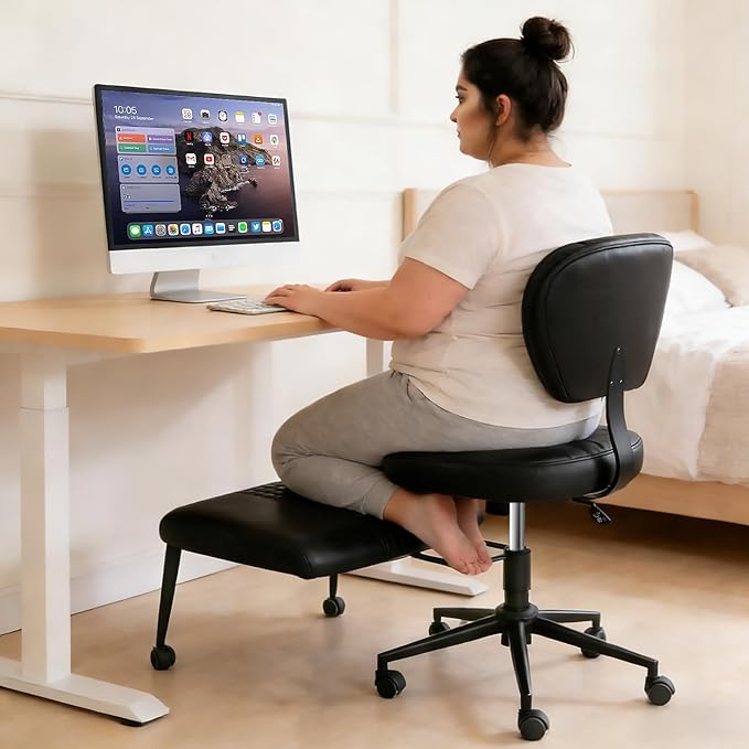 Ergonomic Cross Legged Office Chair with Footrest, 360° Swivel Height Adjustable PU Criss Cross Chair, Wide Seat & Back Support for Home Office, ADHD, Black