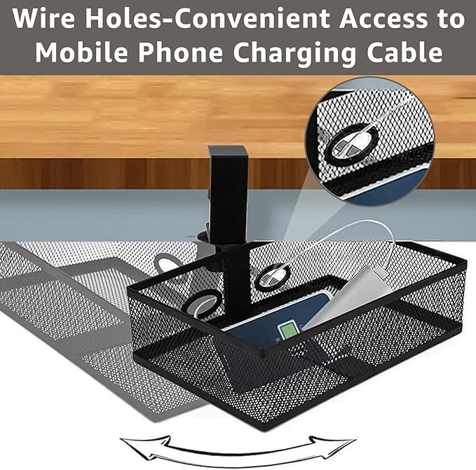 WOPPLXY Mesh Organizer and Swivel Pencil Drawer, Rotary Under Desk Drawer, Extra Sturdy C-Clamp Mount System and Easy to Install, 360 Rotatable Under Desk Storage Drawers (Black)