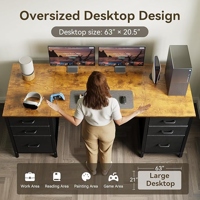 Casaottima 63 Inches Computer Desk with 6 Fabric Drawers, Modern Office Desk with Large Storage for Home Office, Study, Vintage
