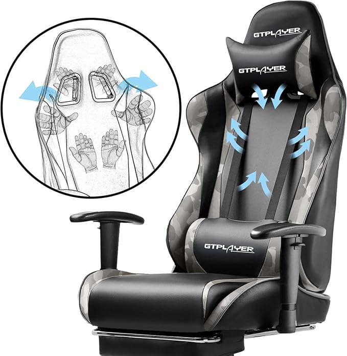GTPLAYER Gaming Chair with Footrest, Ergonomic Computer Game Desk Chair, Reclining Gaming Chair Seat Height Adjustment, Swivel Rocker with Headrest and Lumbar (Camouflage)