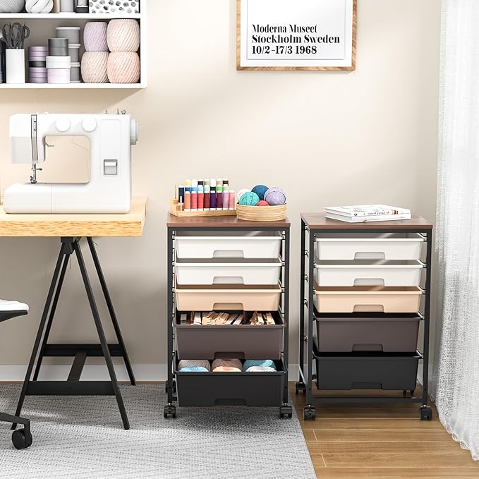 SYKIARIOL Utility Cart with 5 Drawers,Storage Drawer Cart with Wooden Tabletop and Lockable Wheels,Craft Storage Trolley Cart,5-Tier Rolling Utility Cart on Wheels,Dark Brown