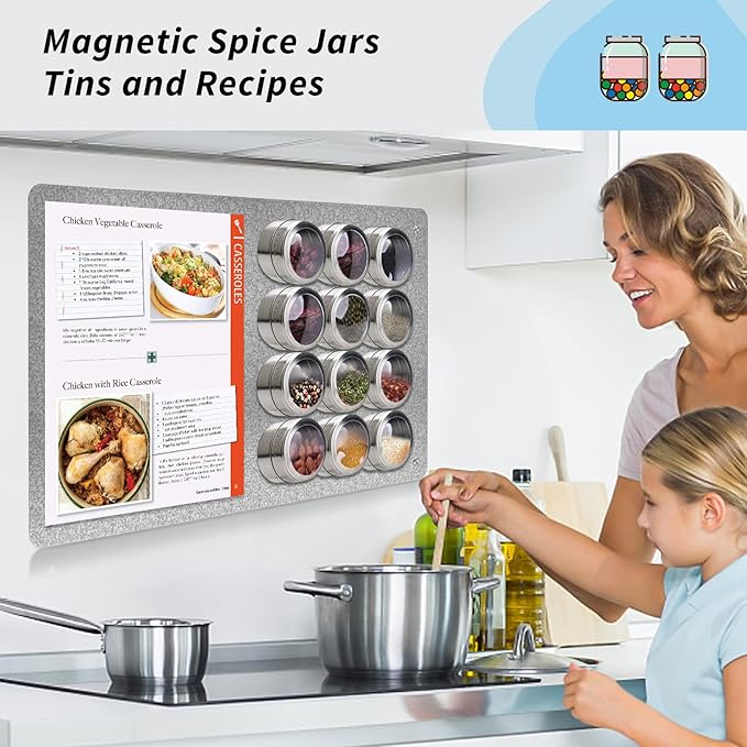 17.7" x 11.8" Metal Magnetic Board - Magnet Bulletin Board to Display Magnetic Letters Numbers Animal, Poetry, Spice Jars, Notes, Photos, Suitable for Wall, Refrigerator, Cubicle, Cabinet