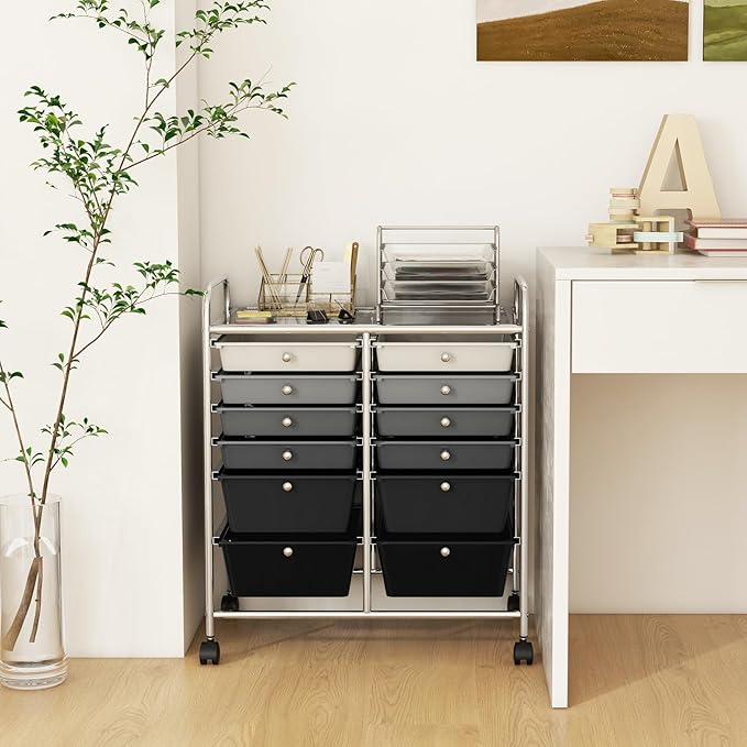 Moccha 12-Drawer Rolling Storage Cart - Utility Cart on Wheels with Lockable Casters for Craft Art Supply Paper Salon, Mobile Drawer Carts for Classroom Teacher School Office (Gradient Grey)