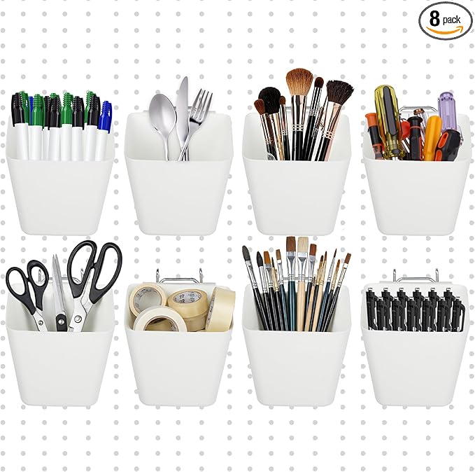8 Pack Large Pegboard Bins with Hooks, Square Box Shape Peg Board Cups and Peg Board Accessories for Craft Room, Playroom, Office, Garage, and Wall Mount Organization (White)