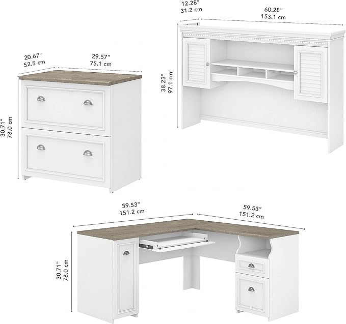 Bush Home Fairview 60W L Shaped Desk with Hutch and Lateral File Cabinet in Pure White and Shiplap Gray