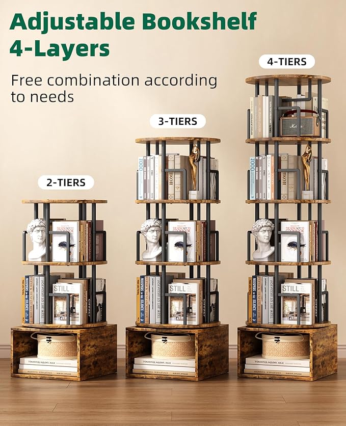 Kalrin 5 Tier Rotating Bookshelf with Extra Storage Cabinet, 360°Spinning Corner Bookshelf, Floor Standing Bookcase for Kids & Adult, Narrow Book Shelf for Bedroom Living Room, Vintage Brown