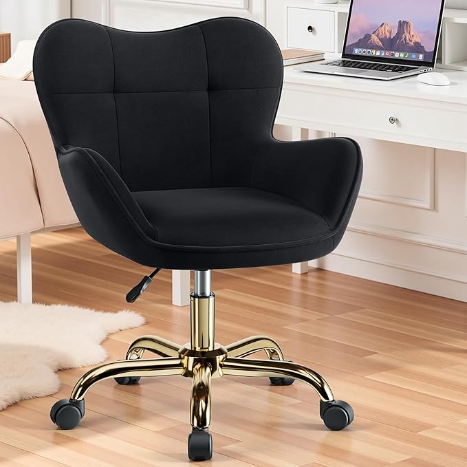 Vanity Chair with Wheels, Cute Home Office Desk Chairs Adjustable Height for Living Bedroom, Small Modern Fluffy Velvet Makeup Chair with Back for Girls (Black)