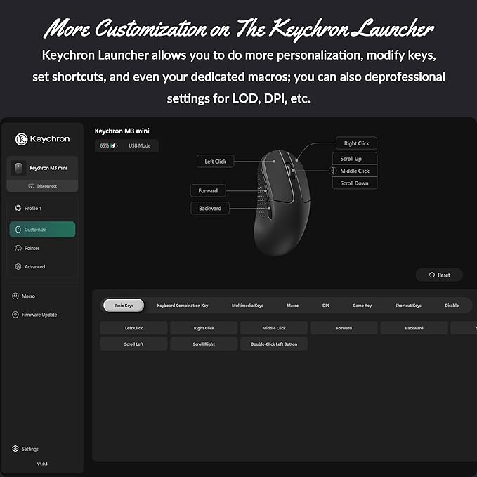 Keychron M3 Mini Wireless Optical Mouse, Bluetooth 5.2/2.4 GHz/Wired Gaming Mouse, Programmable PixArt 3311 Sensor with up to 12,000 DPI/ 650 IPS, Lightweight Ergonomic for Windows Mac Linux - Black