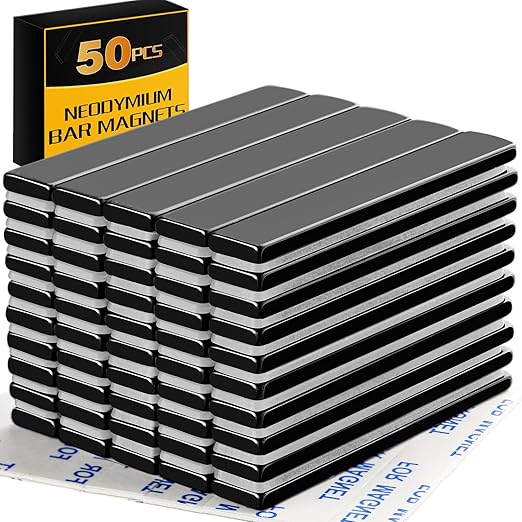 TRYMAG Neodymium Magnet, 50 Pack Strong Bar Magnets with Double-Sided Adhesive, Heavy Duty Metal Magnet Bar, Black Epoxy Coating Earth Magnets for Shower Door, Garage, Science, DIY - 60 x 10 x 3 mm