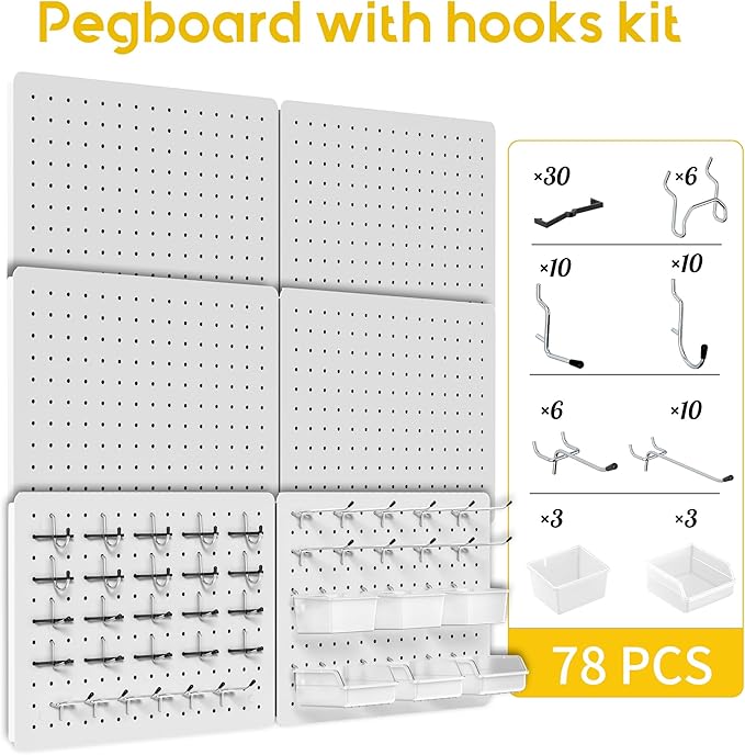 Peg Board for Tools, 6 Pack Metal Pegboard Wall Organizer with Hooks,16"×12" White Pegboard Panels for Walls Home, Garage Tool Storage, Kitchen, Office Organization, Craft Room