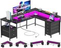 Furologee 66" Reversible L Shaped Gaming Desk with 6 Drawers & Printer Storage Shelves, Corner Computer Desk with Power Outlets & LED Lights, Home Office Table with Monitor Stand, Black