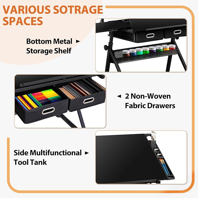 HomGarden Height Adjustable Drafting Desk Drawing Table Art Craft Work Station w/Stool, Power Outlet and Storage Drawers for Home Office Study Room, Black