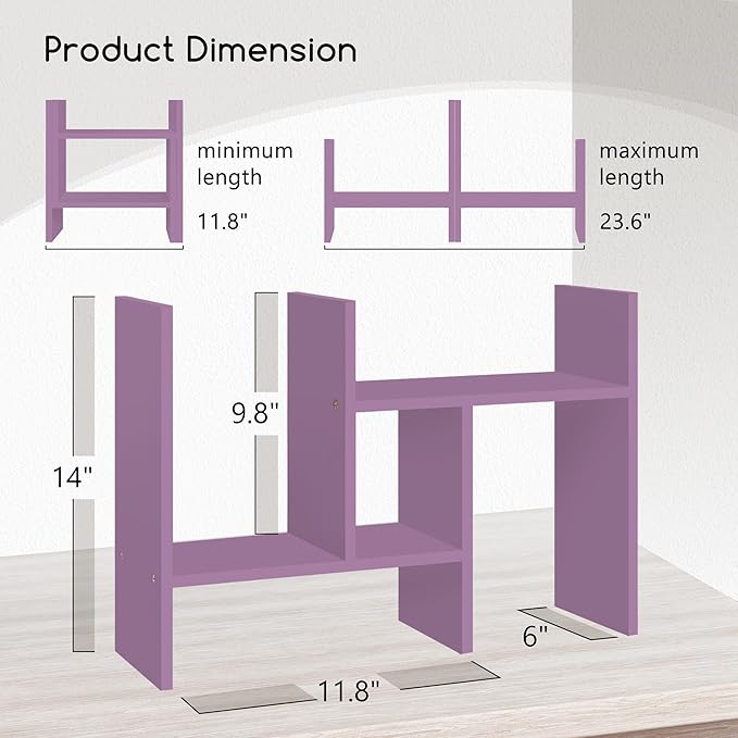 Jerry & Maggie Desktop Organizer Office Storage Rack Adjustable Wood Display Shelf Free Style Double H, Multi-Functional Mini Bookshelf for Desk Natural Stand (Violet/2 Pack)