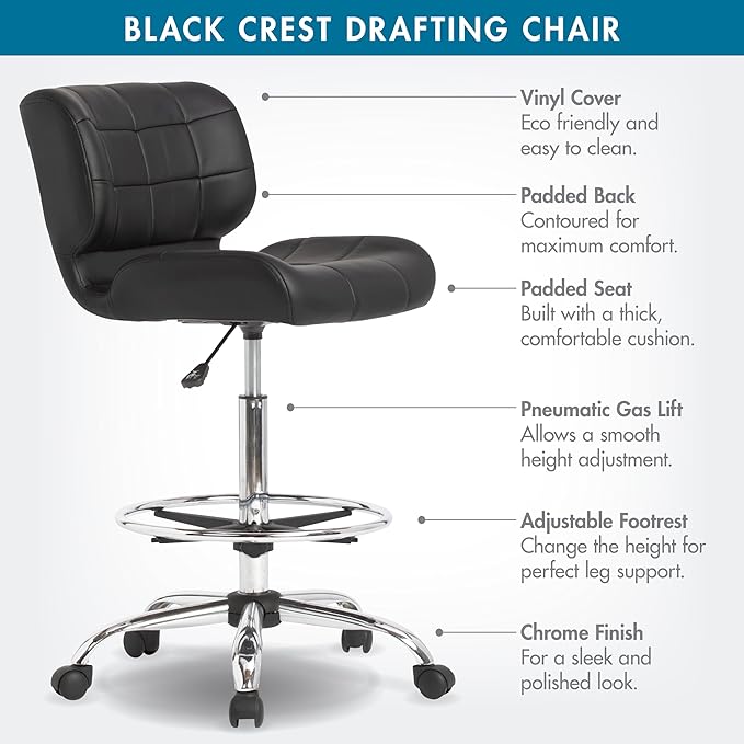 Studio Designs Black Crest Drafting Work Chair with Foot Rest - Adjustable Height - Contoured for Desk or Drafting Table