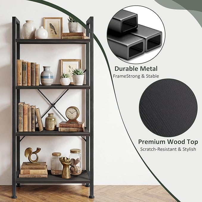 4 Tier Bookshelf, Free Standing Wooden Bookcase with Open Storage Shelves with Metal Frame, Sturdy Shelf Organization Display Rack for Living Room, Bedroom, Home Office, 39.4" Tall, Black