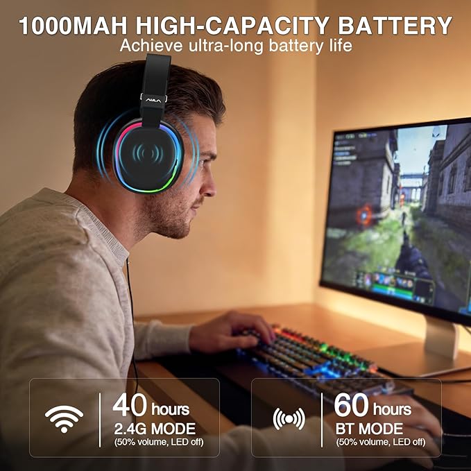 AULA G7 Wireless Gaming Headset with Detachable Noise Canceling Mic, 40mm Driver, BT5.3 Gaming Headphones with RGB Light, 10ms Latency, 60Hr Battery, PC Gaming Headset for PS5,PS4, Switch,Xbox,PC
