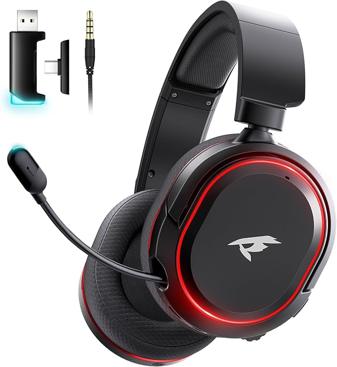 Picun G2 Wireless Gaming Headset, Over-Ear 7.1 Virtual Surround Sound, 2.4GHz/Bluetooth 5.4/Wired, 5ms Ultra-Low Latency, 100H Battery, ENC Noise-Canceling Mic, RGB, for PC PS5 PS4 Switch (BlackRed)