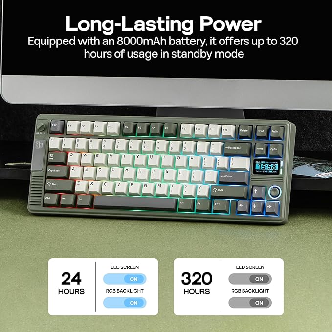 EPOMAKER RT85 Wireless Mechanical Keyboard with Joystick & DIY Screen, 8000mAh, BT/USB/2.4Ghz, Gasket, 5-Layer Paddings, Hot-Swap, PBT Keycap, 75% Gaming Keyboard (Army Green, Crystal Switch)