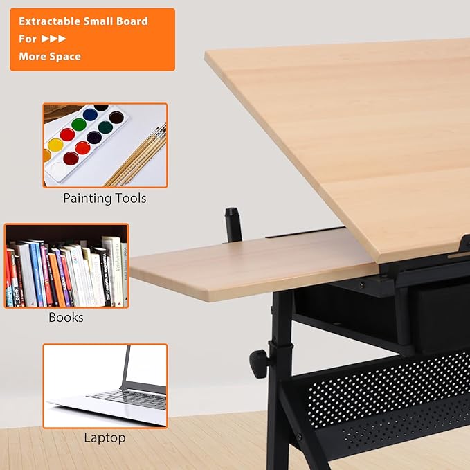 HomGarden Height Adjustable Drafting Desk Drawing Table Art Craft Work Station w/Stool, Storage Drawers for Drawing, Reading, Writing
