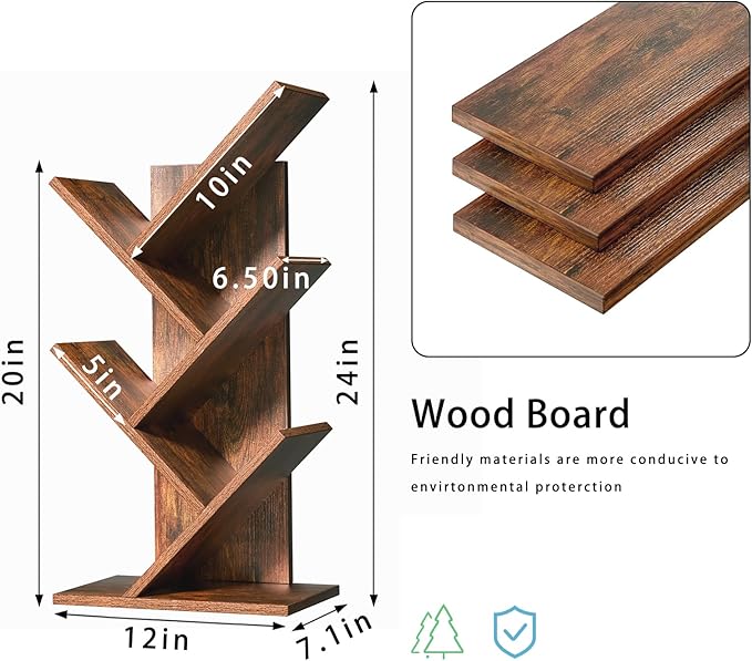 SHEEPAM 5 Tier Tree Book Shelf, Small Desktop Bookshelf with Storage Organizer, Wood Bookcase, Desk Display Bookshelves, Floor Standing Organizer Bookcases for Living Room,Bedroom,Office-Brown