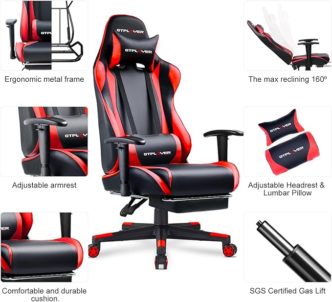 GTPLAYER Gaming Chair with Footrest, Ergonomic Computer Game Desk Chair, Reclining Game Chair Seat Height Adjustment, Swivel Rocker with Headrest and Lumbar (Red)