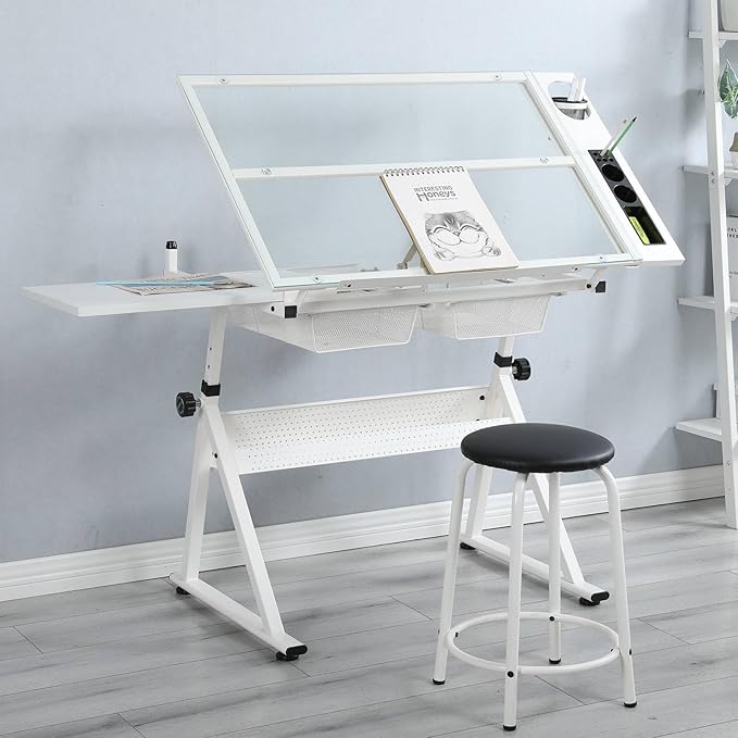 Drafting Table with Stool, Modern Adjustable Tempered Glass Printing Artwork Desk for Art Studio Home Office School