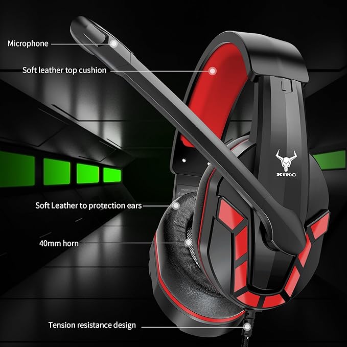 Kikc PS4 Gaming Headset with Mic for Xbox One, PS5, PC, Mobile Phone and Notebook, Controllable Volume Gaming Headphones with Soft Earmuffs for Kid (Red)