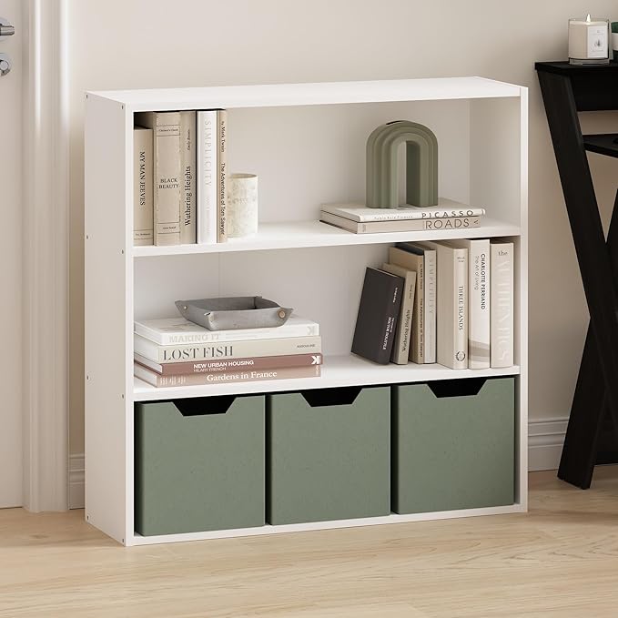Furinno PASIR Book Shelf, 3-Tier Bookshelf with Open Storage Shelf, Standing Bookcase, 9.3 x 31.3 x 31.5, Easy Assembly, for Living Room, Bedroom, Home Office, White