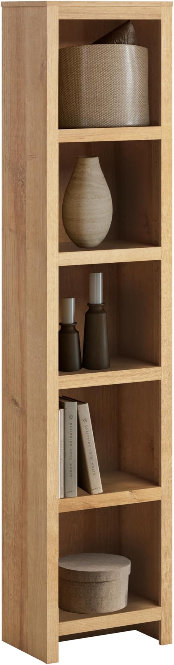 Prepac Moda 80" Tall 5-Tier Narrow Bookcase in Natural Oak, Modern Storage Accent Bookshelf with 3 Adjustable Shelves for Home, Office, Living Room, Bedroom