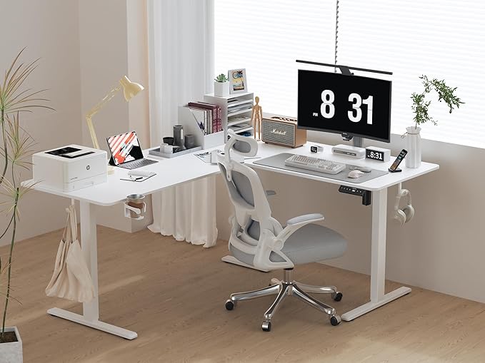 WALKINGDESK 63X55 Inches Reversible L Shaped Standing Desk Height Adjustable with Cup Holder, Electric Corner Computer Desk, Sit Stand up Home Office Desk, Ergonomic Gaming Desk, White