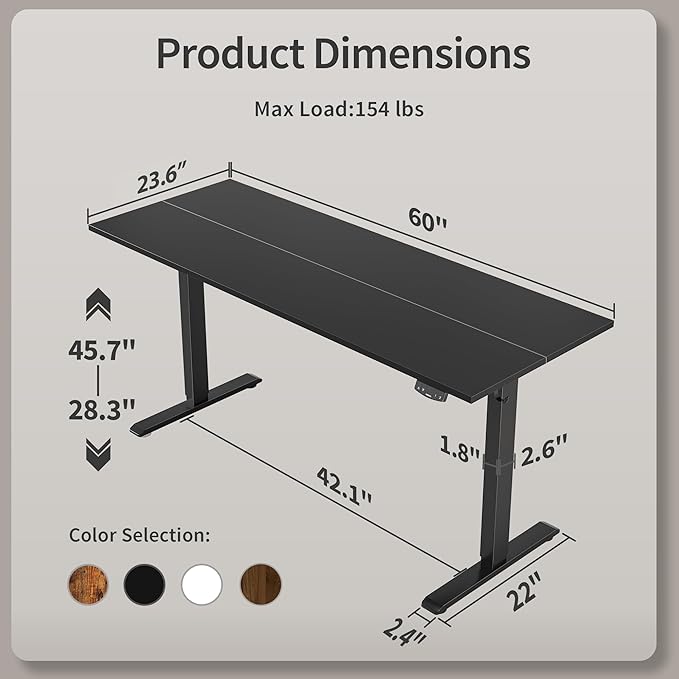 Agilestic Electric Standing Desk, 60 x 24 Inches Height Adjustable Desk, Sit Stand up for Work Office Home, Ergonomic Rising Computer Table with Memory Preset, Black