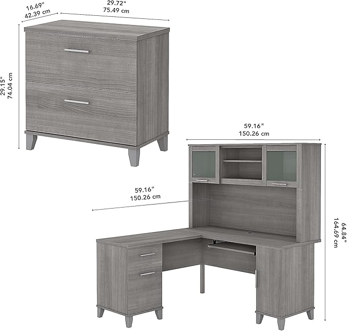 Bush Furniture Somerset 60W L Shaped Desk with Hutch and Lateral File Cabinet in Platinum Gray