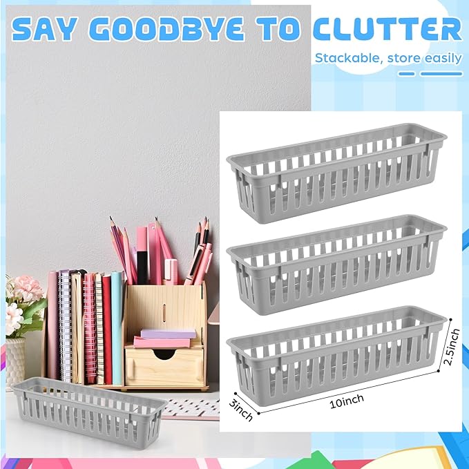 6 Pcs Gray Slim Plastic Storage Baskets Tray 10 x 3 x 2.5 Inch Compact Stackable Desk Organizer for Office, Classroom, School Supplies, and Home Storage, Organization(Gray)