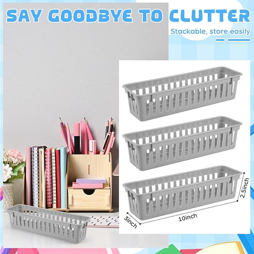 12 Pcs Gray Slim Plastic Storage Baskets Tray 10 x 3 x 2.5 Inch Compact Stackable Desk Organizer for Office, Classroom, School Supplies, and Home Storage, Organization(Gray)
