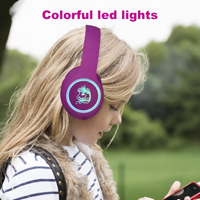 Unicorn Wireless Headphones, LED Light, up ，Kids Headphones Bluetooth with Microphone for School, Travel, Phone, Kindle, PC, TV, MP3 ((Violet)
