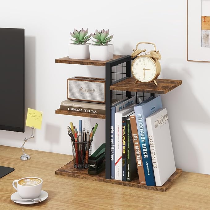 ELITEROO Desktop Shelf Bookshelf Set, 2 Tier Small Desk Shelves Organizer, 4-Tier Wooden Tabletop Book Shelf, Adjustable Display Rack Storage Organizers for Home, Office, Dorm, Rustic Brown