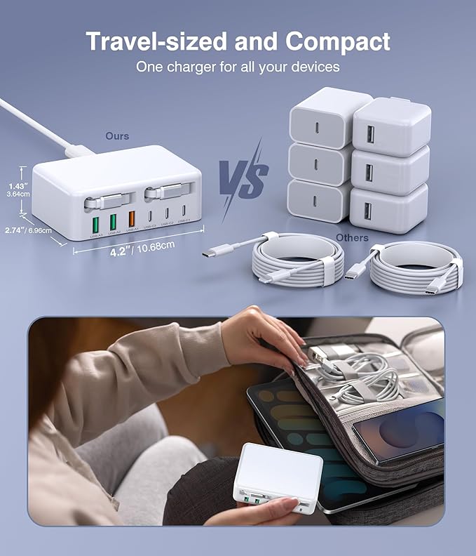 Upgraded 8-in-1 Retractable USB C Charger Block, 120W GaN Multi Charging Station Hub with Lightening & Type C Cable, Travel Essential USB C Power Strip Plug for iPhone 17 16 15 14 Pro Max iPad Galaxy