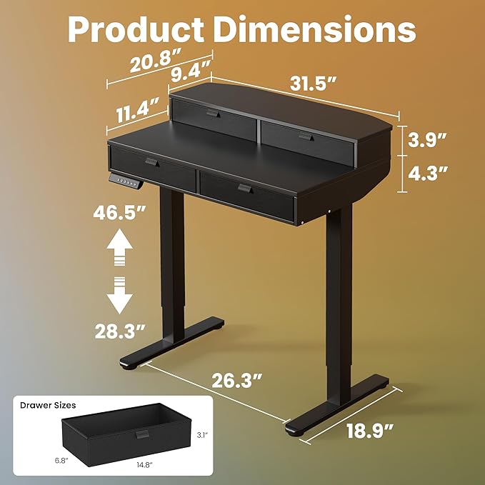 HUANUO 32 x 20 inch Electric Standing Desk with 4 Drawers, Adjustable Height Sit Stand Home Office Desk, C-Clamp Mount Compatible, Ergonomic Stand up Desk with 4 Preset Heights, Black