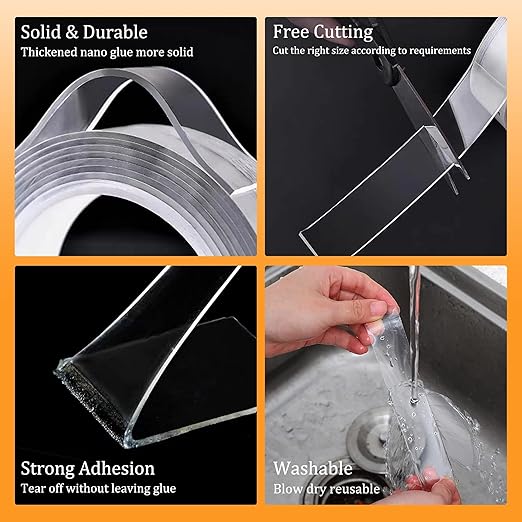 Double Sided Tape Heavy Duty for Wall Decor No Damage to Paint,Clear Removable Mounting Tape,Nano Two Sided Adhesive Tape,Picture Hanging Strips for Posters,Stickers - Bedroom 1Roll(1.58in*6.5FT)